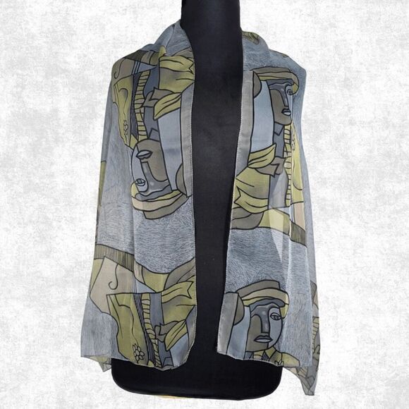Sheer Abstract Art Scarf Wrap – Picasso Style Print – Lightweight Festival Layer - Picture 3 of 5